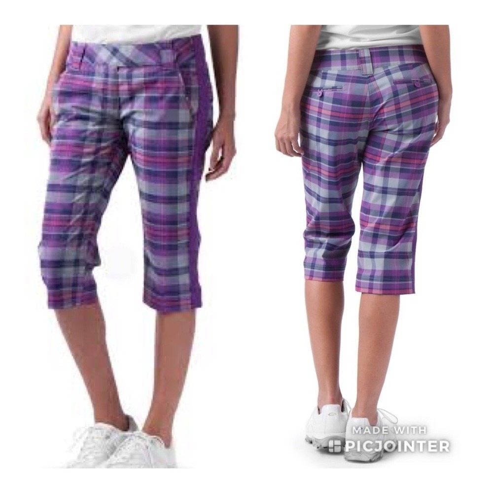 Oakley Women's‎ Albatross Purple Plaid Golf Capri Cropped Sstretch Pants Size 4